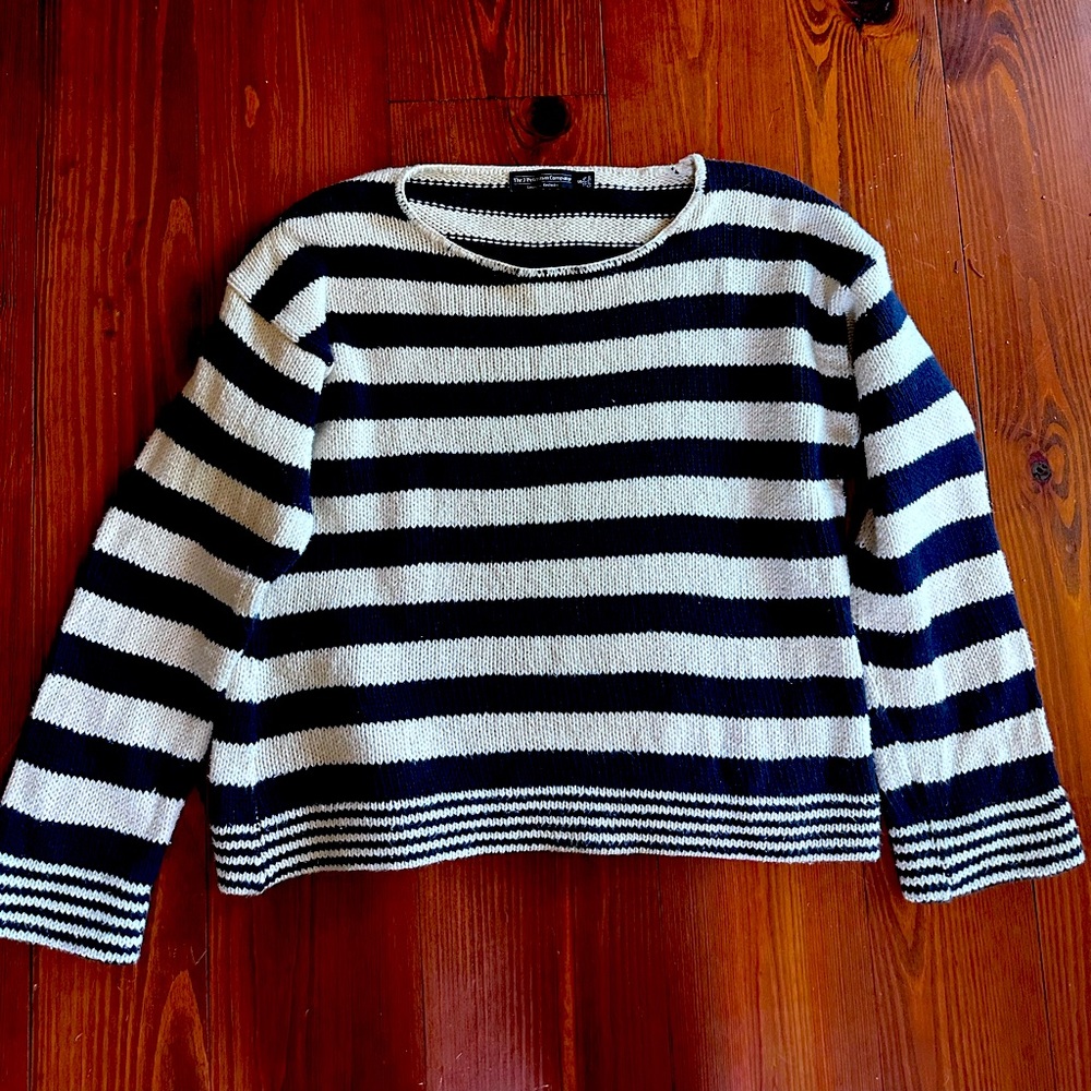 The J. Peterman Company Lexington Kentuck, sweater navy, and white stripes.